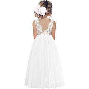 Girls Kids White Sleeveless Elegant Lace Straight Tulle V Back Flower Dress